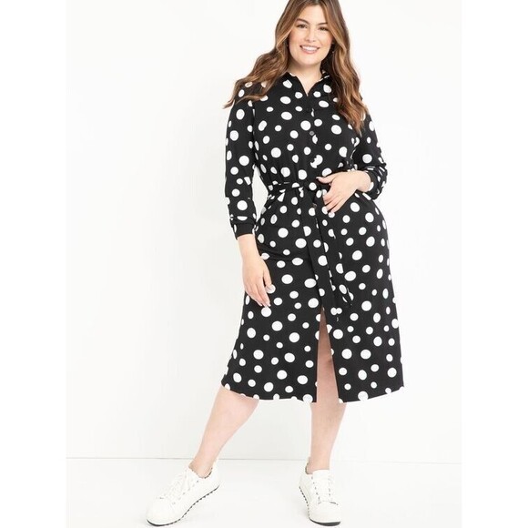 ELOQUII Elements Black White Polka Dot Belted Midi Shirtdress Women's 14 NWT - Picture 1 of 3